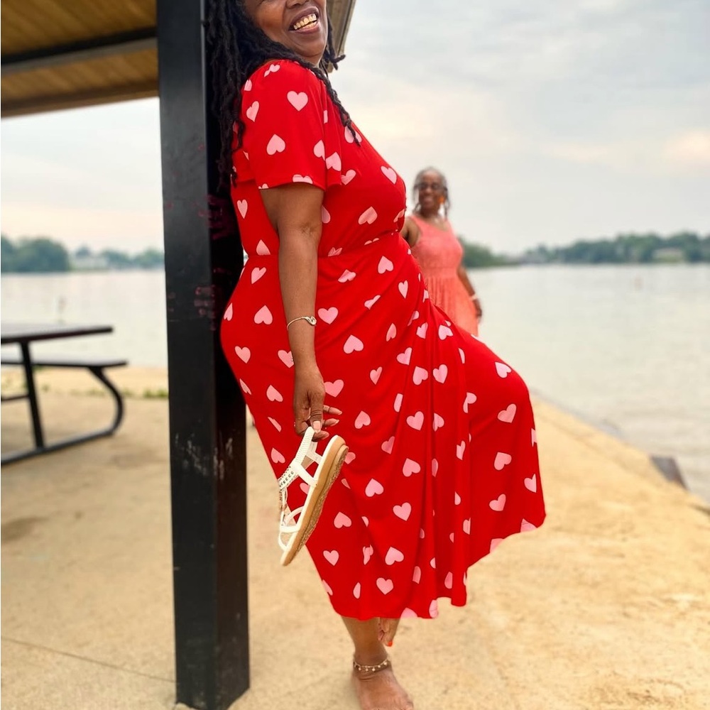 LANE BRYANT WOMEN'S RED PINK HEART FLUTTER SLEEVE FAUX-WRAP MAXI MID DRESS PLUS - Picture 12 of 12